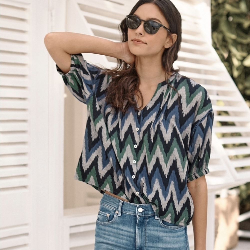 Garnet Hill Uma Ikat Button-Front Blouse Blue Green Gray Zig Zag Size Large